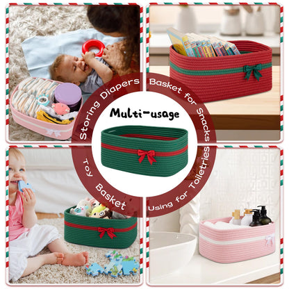 OIAHOMY Christmas Basket with Gift Bags and Ribbons, Woven Storage Basket for Decorations, Nursery, Pets - Green