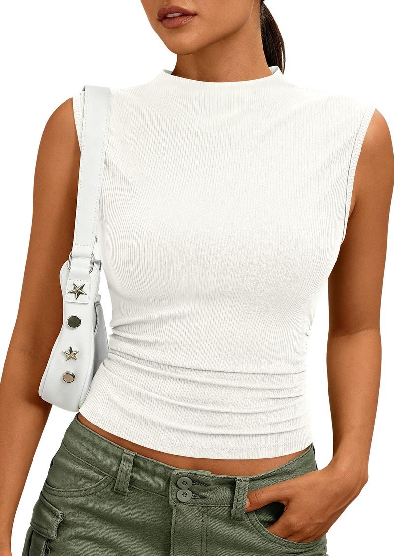 PRETTYGARDEN Sleeveless Tops for Women Ribbed Mock Neck Tank Top Slim Fitted Ruched Basic Layering Shirts 2026 Summer Clothes (White,Medium)