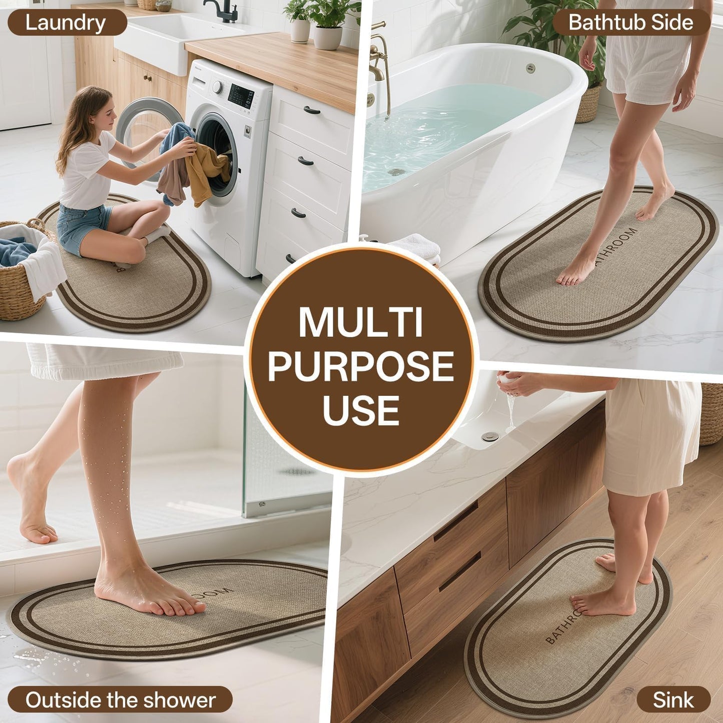 QiCaiJia Ultra Thin Oval Bath Mat Bathroom Rugs, Quick Dry Super Absorbent Washable Bath Shower Mats, Rubber Backing Non Slip Bathroom Rug Fit Under Door, 20x32, Border Brown