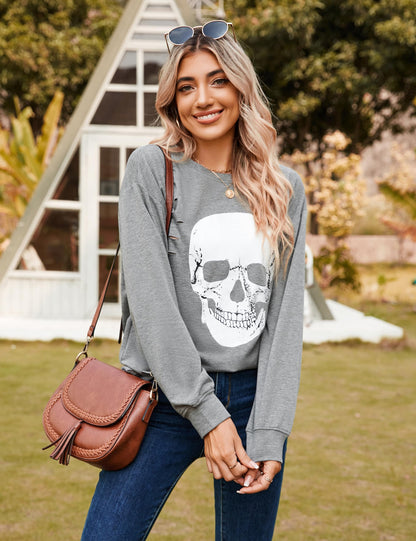 Blooming Jelly Women's Halloween Sweatshirts Skull Graphic T Shirts Long Sleeve Skeleton Shirt Trendy Fall Tops (X-Large, Grey)