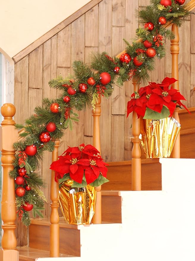6 Feet Pre-lit Christmas Ornament Fake Pine Garland w 24 Red Balls Real Grapevine Base (30 LED Lights, 8 Flash Options) for Xmas Decor at Shop Home Door Corridor Wall Window Table Cabinet (Battery)