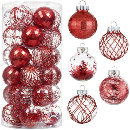 CristBest 30ct Christmas Ball Ornaments-60mm/2.36" Shatterproof Clear Plastic Xmas Balls Baubles Set with Stuffed Delicate Sparkling, Hanging Christmas Tree Decorations (Red)
