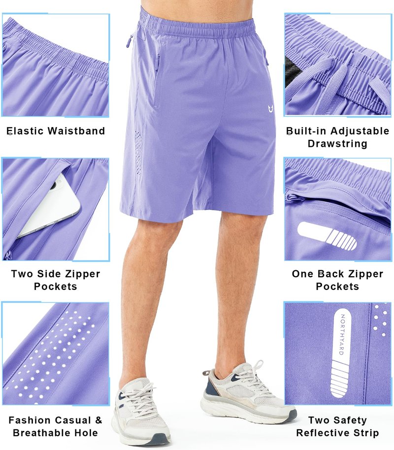 NORTHYARD Men's Athletic Running Shorts Gym Workout 7"/9"/5" Quick Dry Lightweight Sports Basketball Tennis 3 Zipper Pockets VIOLET-9inch S