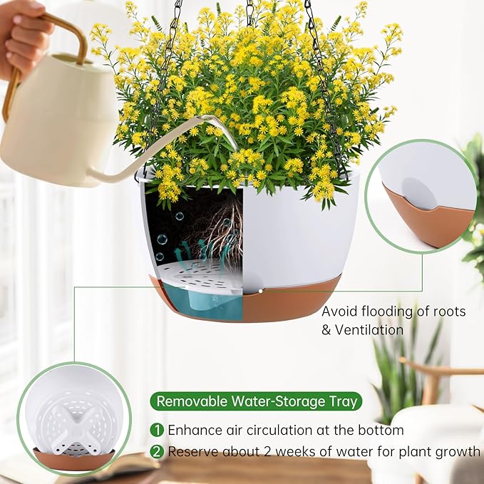 Set of 2 10 Inch Self Watering Hanging Planters for Indoor Outdoor Plants, Color Blocking Hanging Baskets Flower Pots with Drainage Hole & Removable Water-Storage Tray and 20" Chain Hanger