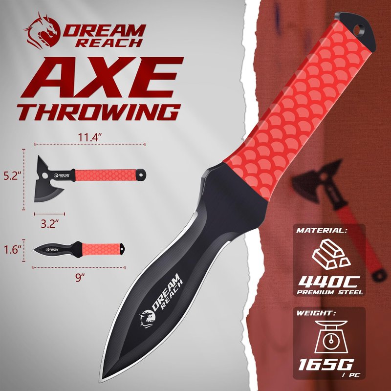 Dream Reach Throwing Axe Set - 6PCS Full Tang Throwing Hatchet with TPR Rubber Sleeve and Protective Sheaths for Recreation and Competition Game