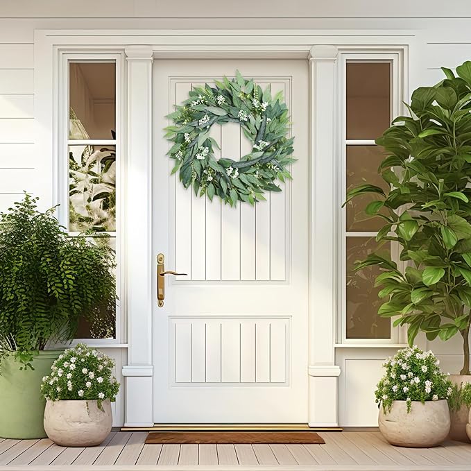 24" Wreaths Front Door Artificial Spring Wreath - Artificial Floral Lush Summer Wreath with A Hook & DIY Decor Green Year-Round Indoor Outdoor for Wall, Home, Wedding, Party, Christmas (Green)