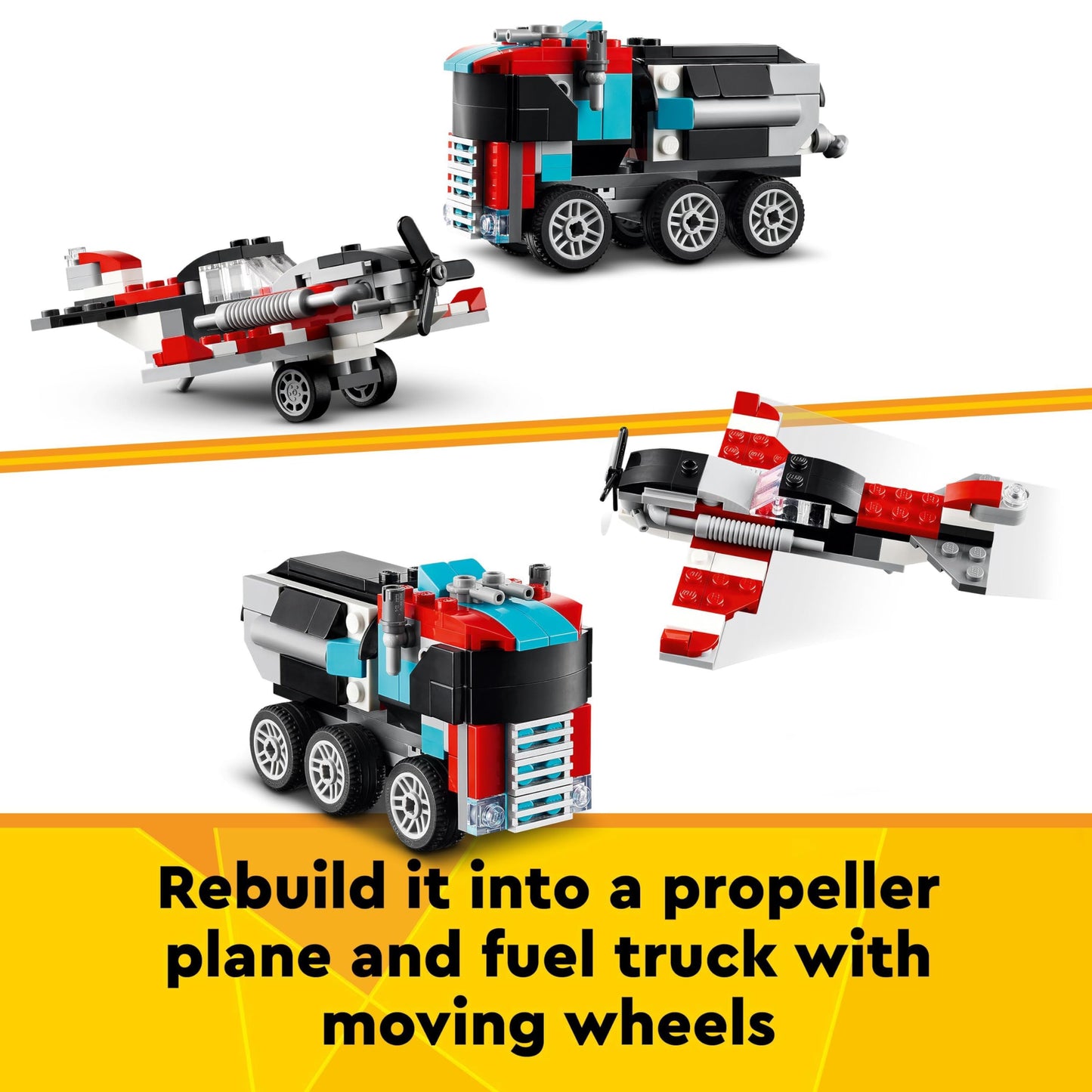LEGO Creator 3in1 Flatbed Truck with Helicopter Toy to Propeller Plane and Fuel Lorry to Hot Rod and SUV Car Toys for 7 Plus Year Old Boys, Girls and Kids who Love Cool Vehicles, Gift Idea 31146