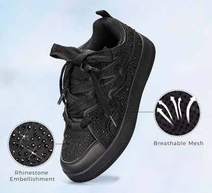 LUCKY STEP Women's Sparkle Rhinestone Fashion Sneakers Walking Tennis Bling Glitter Roaring Shoes Platform Lace up Casual Mesh Sneaker(Black Rhinestone,7)