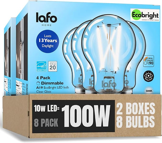 EcoBright 8PK Dimmable A19 LED Filament Bulb, 10W (100W Equivalent), E26 Base, 1100 Lumens, CRI90+, Flicker-Free Clear Glass, Energy Star Title 20, Daylight 5000K,
