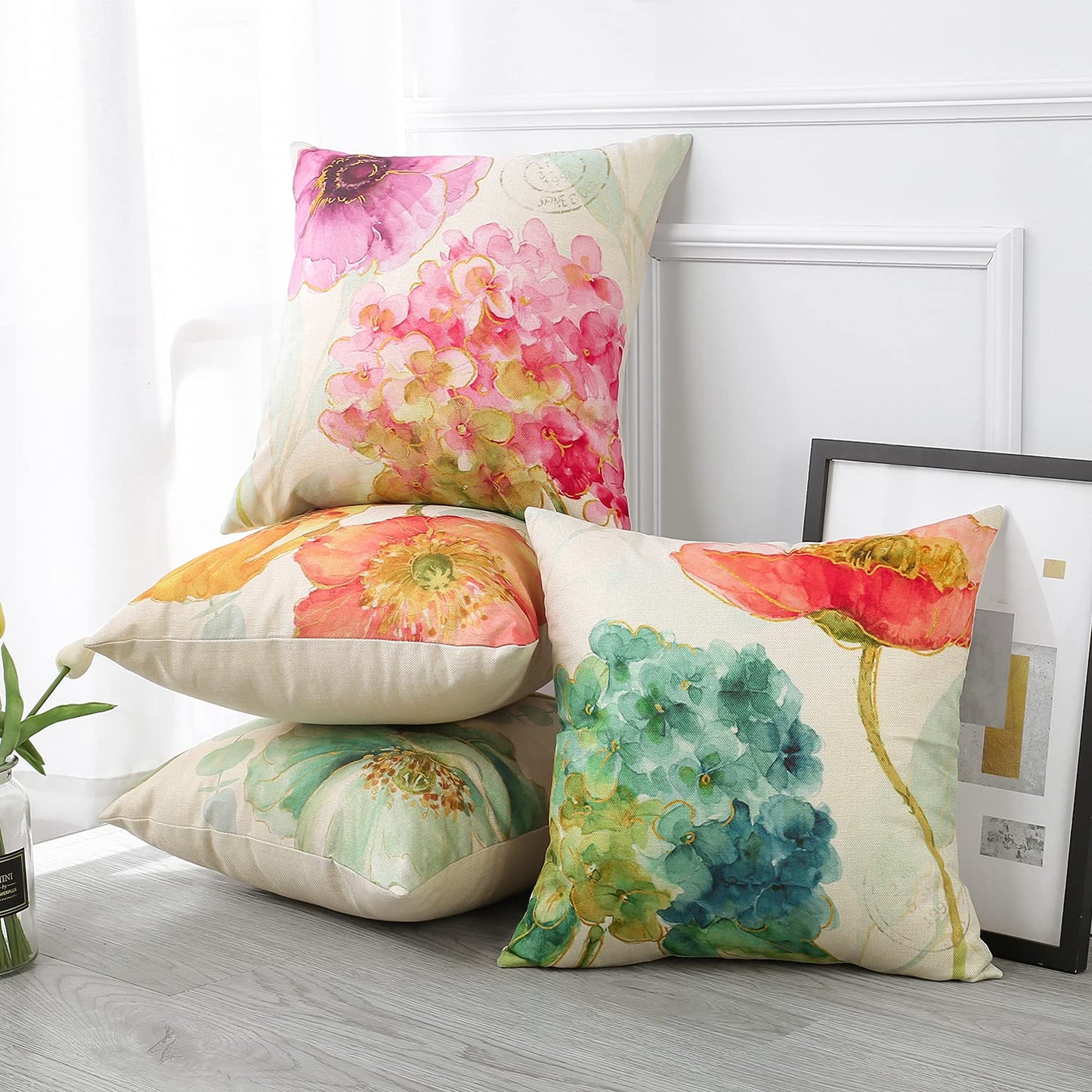 Artscope Set of 4 Waterproof Cushion Covers 45x45cm, Decorative Hydrangea and Lotus Throw Pillow Covers, Perfect to Outdoor Patio Garden Bench Living Room Sofa Farmhouse Decor