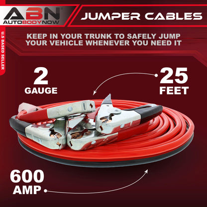 ABN Jumper Cables, 25ft Long, 2-Gauge, 600 AMP – Commercial Automotive Vehicle Booster Cables – Motorcycle Car ATV