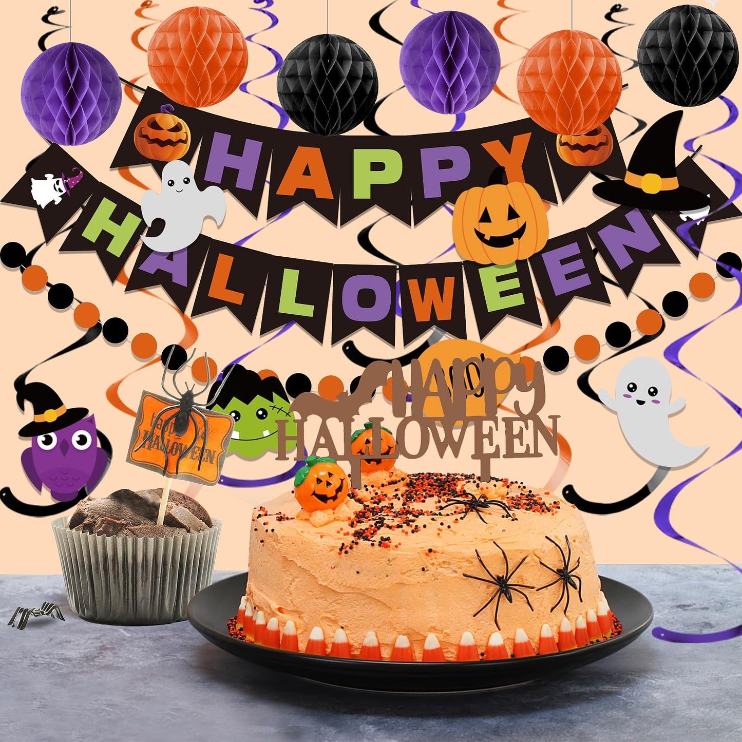 meowtastic Happy Halloween Banner Decorations - Halloween Banner with Honeycomb Ball, Hanging Swirl Streamer, Circle Dot Garland Decorations for theme Party Decorations