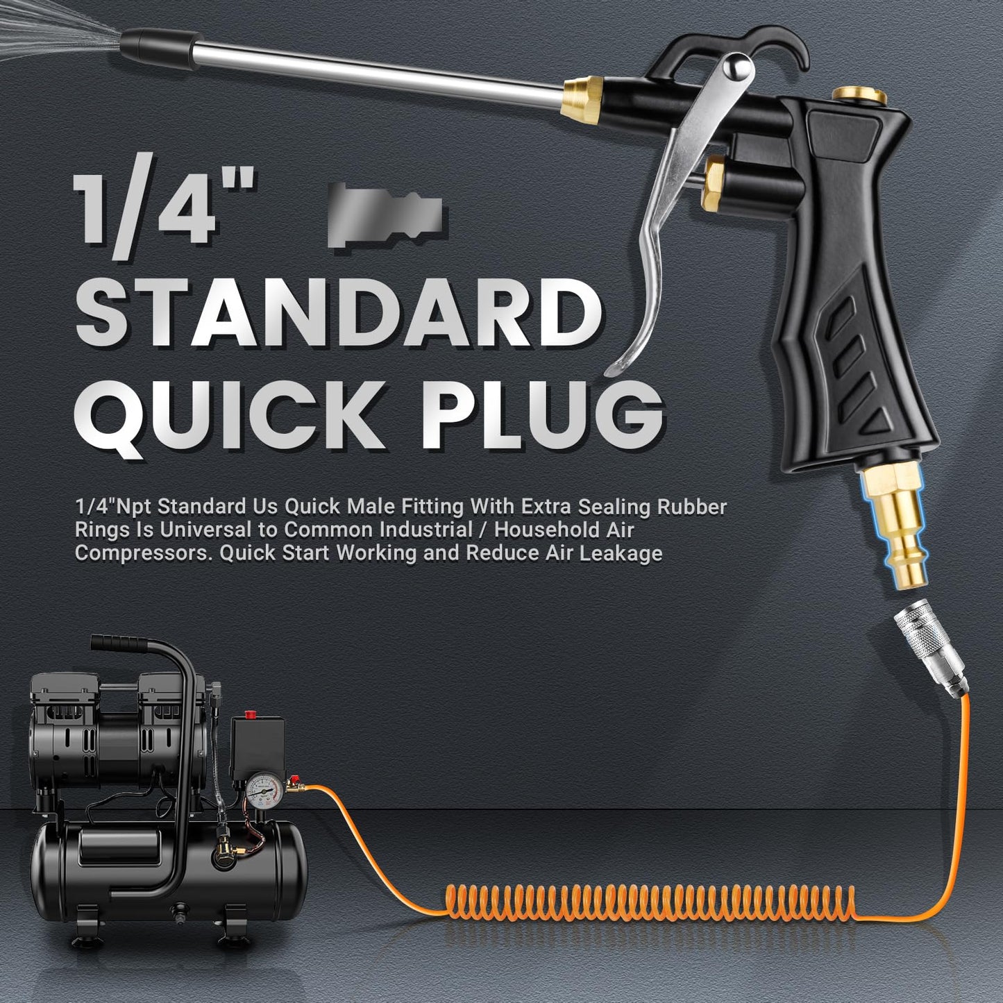 High Volume Air Blow Gun with Brass Adjustable Nozzle, Industrial Blower Gun with 2 Steel Extensions and 13.7 Inch Universal Hose, Pneumatic Air Compressor Accessory Tool