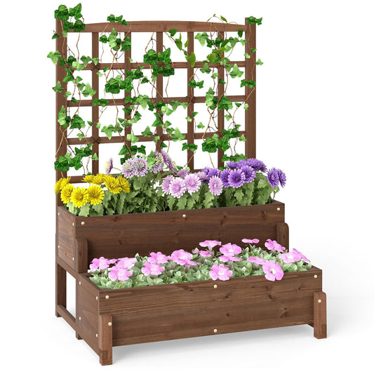 HAPPYGRILL Raised Garden Bed with Trellis, Drainage Holes, 2-Tier Wooden Elevated Planter Box w/Legs for Climbing Plants Vine Flower Herb Vegetable Fruit, Outdoor Garden Box for Patio Balcony