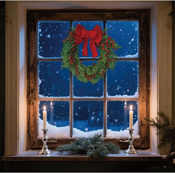 Christmas Wreath for Front Door, Red Bow & Real Pine Cones with Pine Branches & Berries, Artificial Holiday Wreath for Indoor & Outdoor Wall Decor (20 inches)