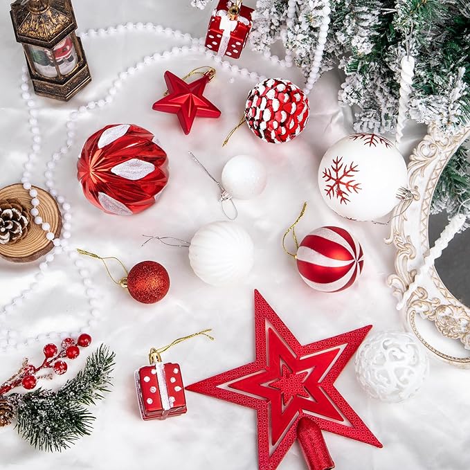 Ouddy Decor 84 Pcs Christmas Tree Ornaments Set, Red and White Christmas Decorations Shatterproof Plastic Glittery Baubles for Wreath Garland Wedding Party Holiday New Year Home Decor, Red & White