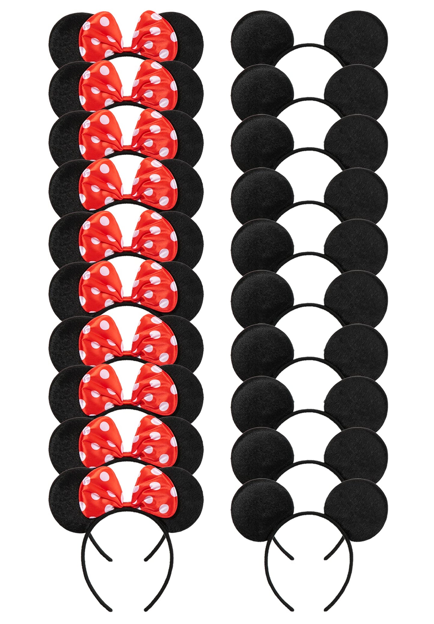 CHuangQi 20 pcs Mouse Ears Headbands, Solid Black Ears & Polka Dots Red Bow, Boys & Girls Birthday Party Supplies