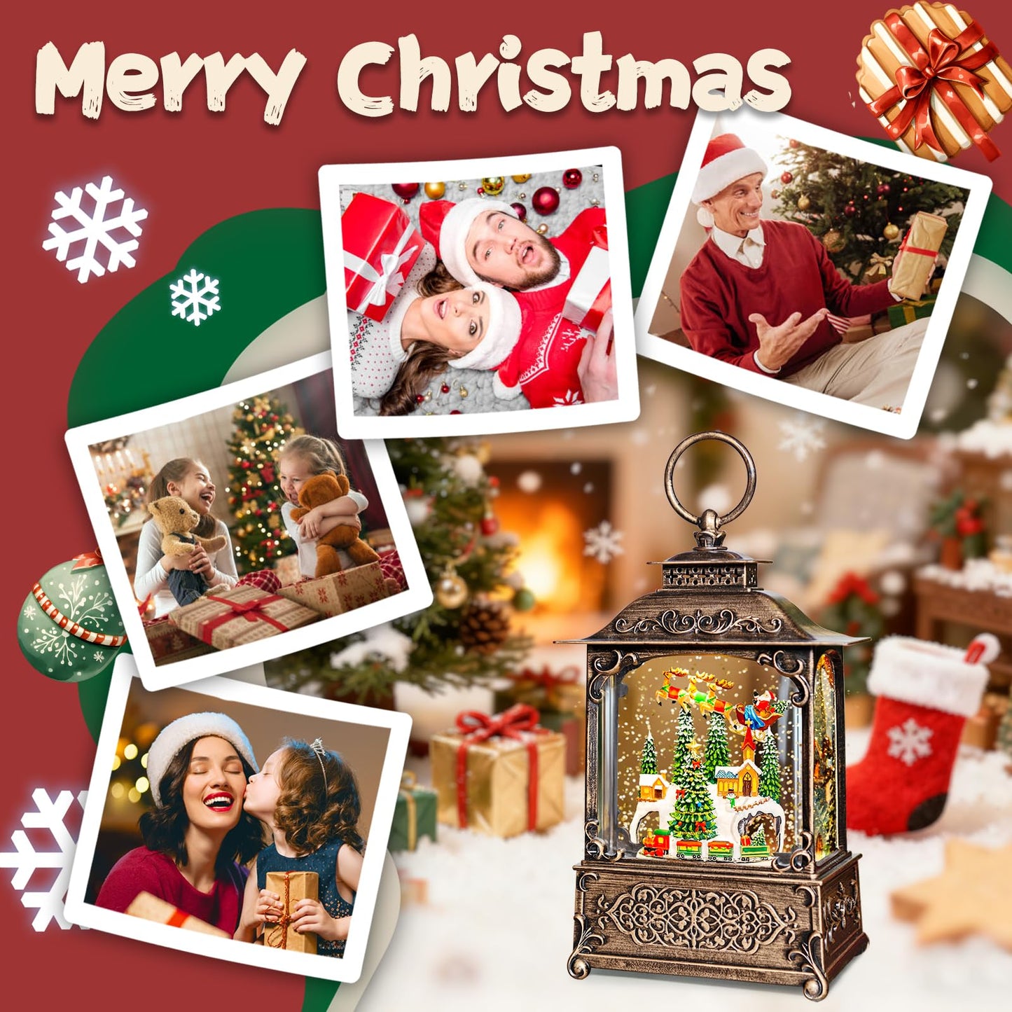 Christmas Snow Globes Lantern, Santa Claus & Train Christmas Decorations Indoor, 6H Timer Battery & USB Powered Light Up Musical Snow Globes for Kids Women Adults Gift Thanksgiving Home Decor
