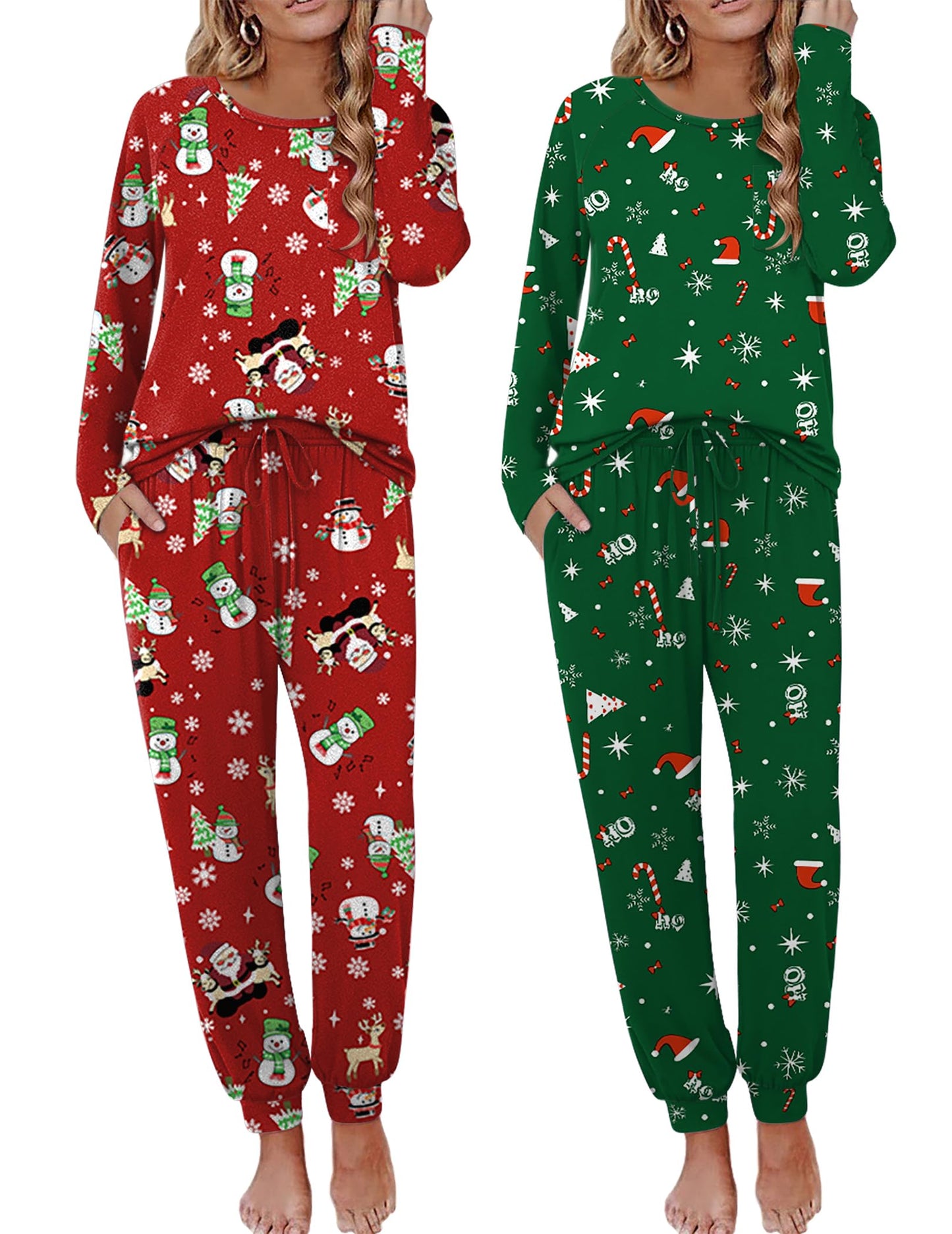 Ekouaer 2 Pack Christmas Pajamas for Women Set Long Sleeve Sleepwear Top and Jogger Pants Lounge Sets Matching Family Pjs Loungewear,Large