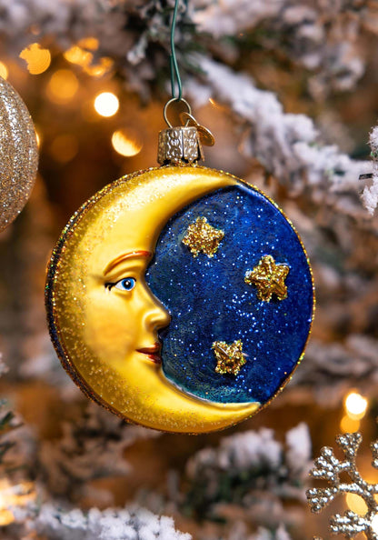 Old World Christmas Man in The Moon Glass Blown Ornament for Christmas Tree, Handcrafted Holiday Decoration, Outer Space Collection