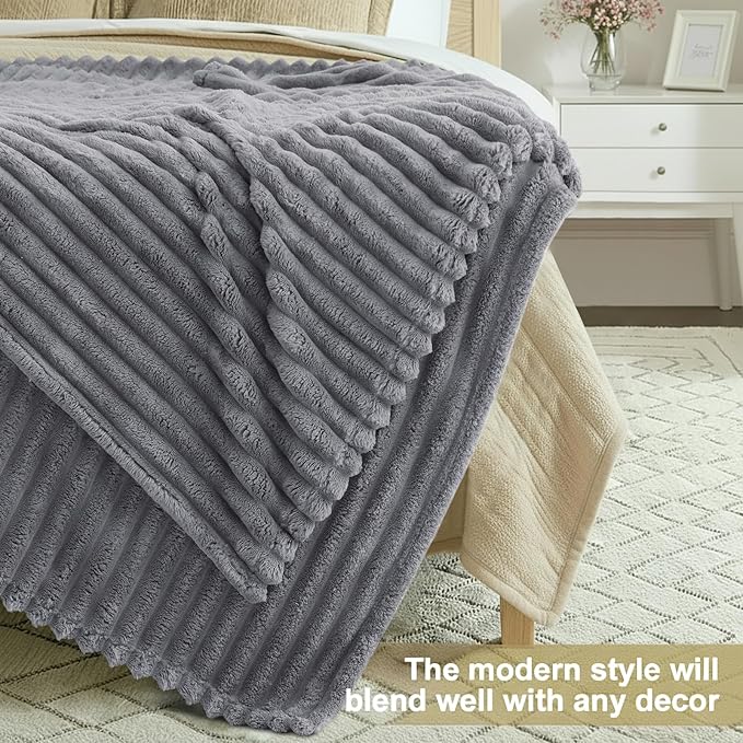 decorUhome Soft Fleece Grey Blanket Queen Size for Bed, Cozy Fluffy Plush Flannel Large Striped Throws for Couch Sofa, Lightweight Decorative Fuzzy Blanket for Woman, 90x90 Inches