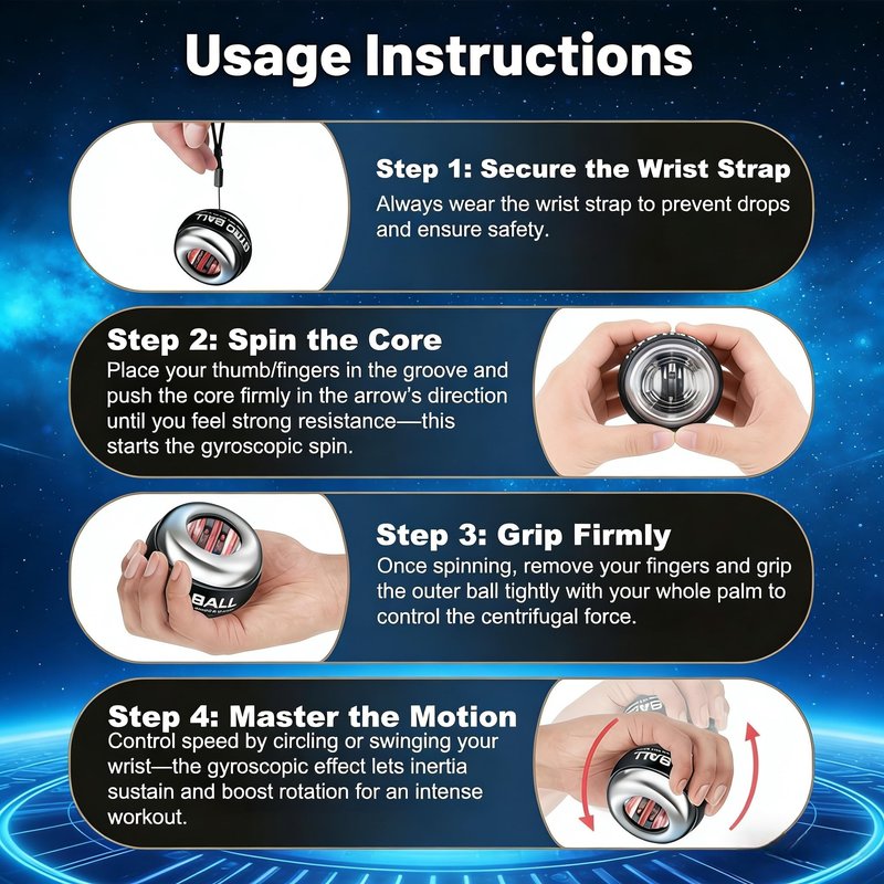 Torque ball,2026 Upgraded Wrist Ball Exerciser,Auto-Start Gyroscopic Forearm Exerciser,Hand Strengthening,Resistance, Blue lights,No Lanyard Included (Metal version)