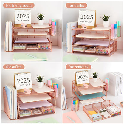 gianotter Desk Organizers and Accessories with File Holder, 4-Tier Desk Accessories & Workspace Organizers with Drawer and 2 Pen Holder, Paper Organizer for Office Supplies (Rose Gold)