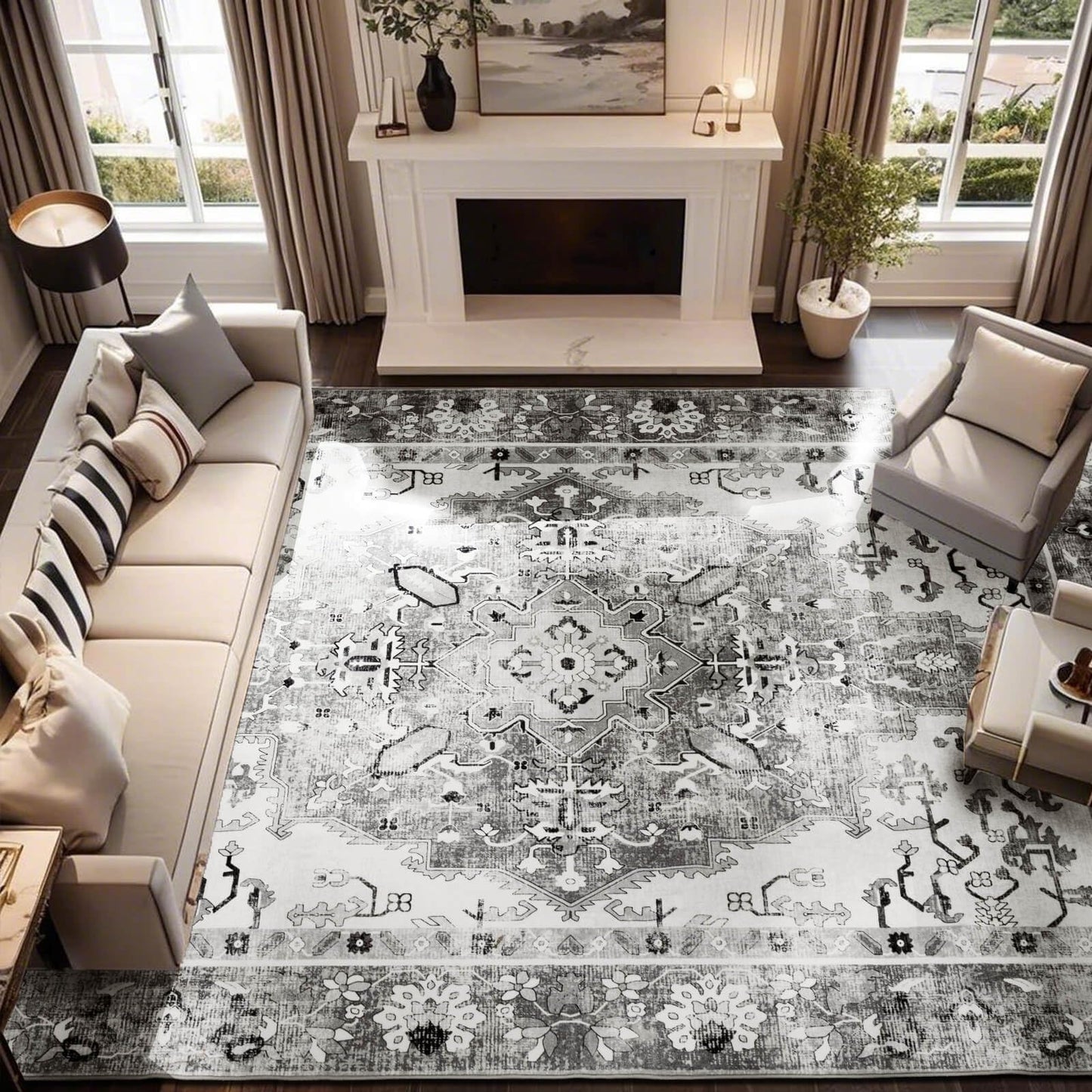 NANPIPER Area Rug, 8x10 Washable Area Rugs with Non-Slip Backing for Living Room Bedroom, Non-Shedding Distressed Rug, Vintage Print Medallion Accent Large Rug for Bedroom,Dinning Room(8'x10', Grey)