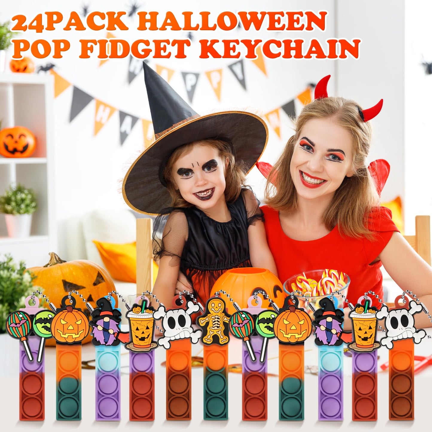 24pcs Halloween Mini Pop Fidget Toys Bulk Halloween Party Favors for Kids Pop Keychain Sensory Toys Bag Fillers Pop Toddler Birthday Carnival Treasure Classroom Prizes Stress Reliever Desk Toys