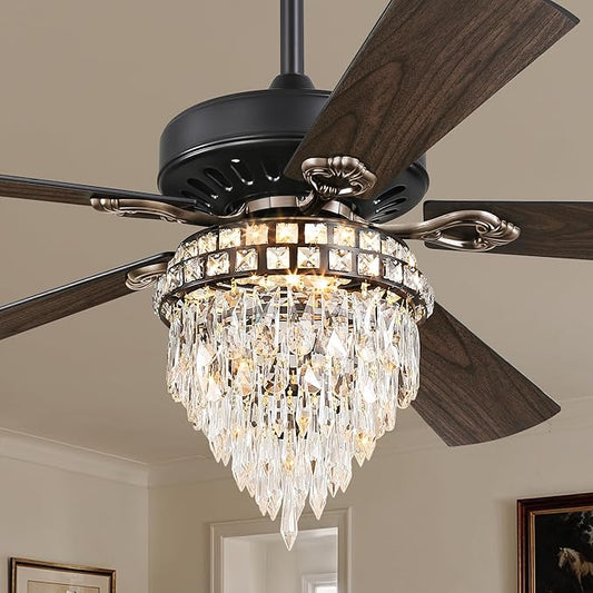 Fanbulous 60 Inch Farmhouse Fandelier Ceiling Fans with Light, Crystal Ceiling Fan Chandelier with 6 Speeds, Quiet Reversible Noiseless DC Motor, 3CCT, Indoor Ceiling Fan for Living Room Bedroom