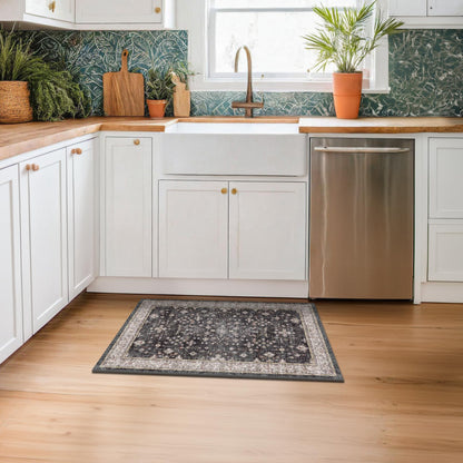 Black Washable Entry Rug, 2x3 Small Rugs for Entryway Kitchen Bathroom Door Mat Indoor Entrance, Non Slip Rubber Backing, Stain & Fade Resistant, Ashen Charcoal Floral Decor