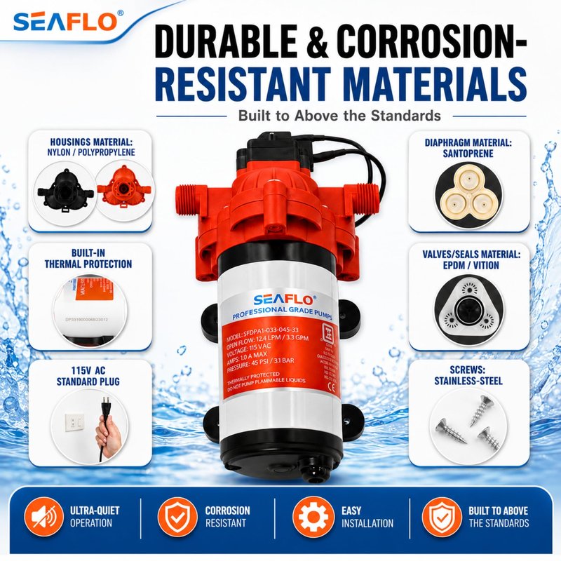 SEAFLO 33 Series 110V/115V AC Fresh Water Pump, 3.3 GPM 45 PSI Self-Priming Pressure Pump with Smart Pressure Switch, Automatic Demand Pump for RV, Caravan Marine Boat Industrial Use, 4-Year Warranty