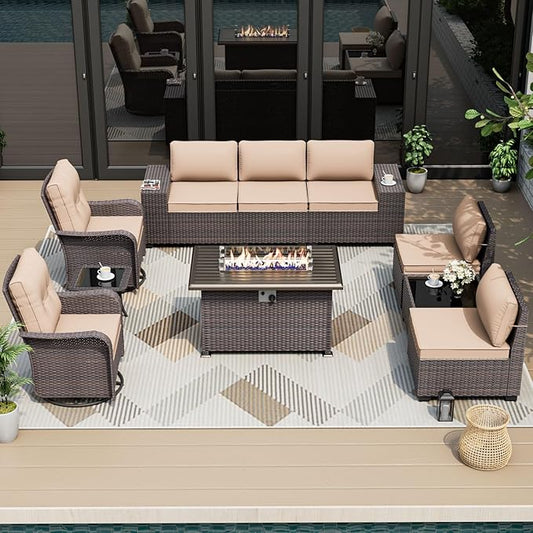 ALAULM 10 Pieces Patio Furniture Set with 2 Swivel Chairs Patio Furniture Outdoor Sectional Sofas with 55000 Gas Fire Pit Patio Conversation Set w/7 Cushions-Sand