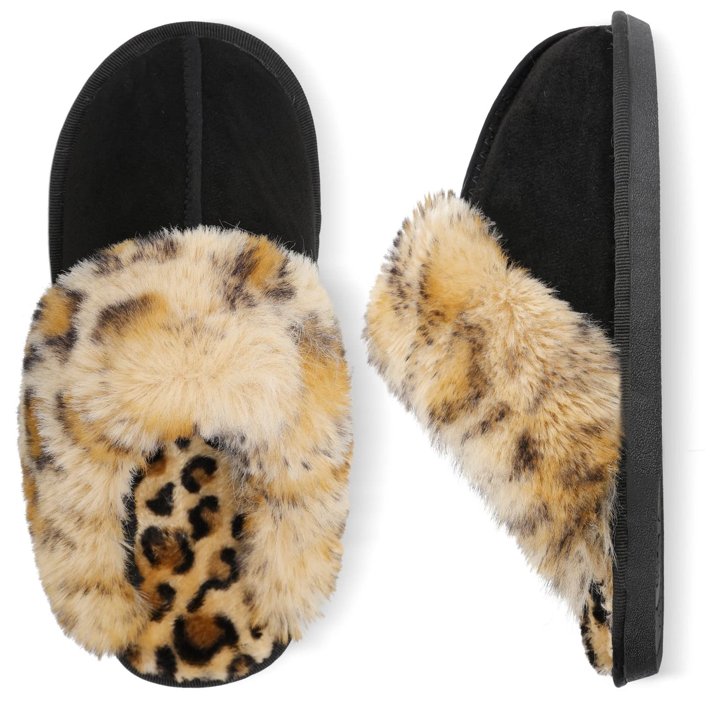 Besroad Fuzzy Fluffy House Slippers for Women Cozy Winter Warm Plush Furry Slides Shoes Black Leopard11.5-12.5
