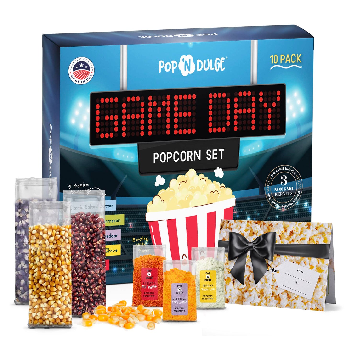 Game Day Movie Night Popcorn Gift Set Gifts For Men Family Gifts Party Supplies, 5 Non-GMO Gourmet Popcorn Kernels and 5 Popcorn Seasoning Flavoring - 10 Pack