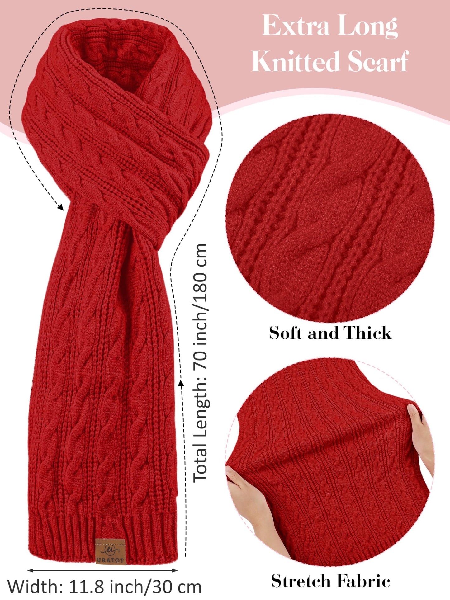 URATOT Women Winter Beanie Hat Scarf Gloves 3 in 1 Set for Women Fleece Lined Beanie Pompom Hat Touchscreen Gloves Long Scarf Red