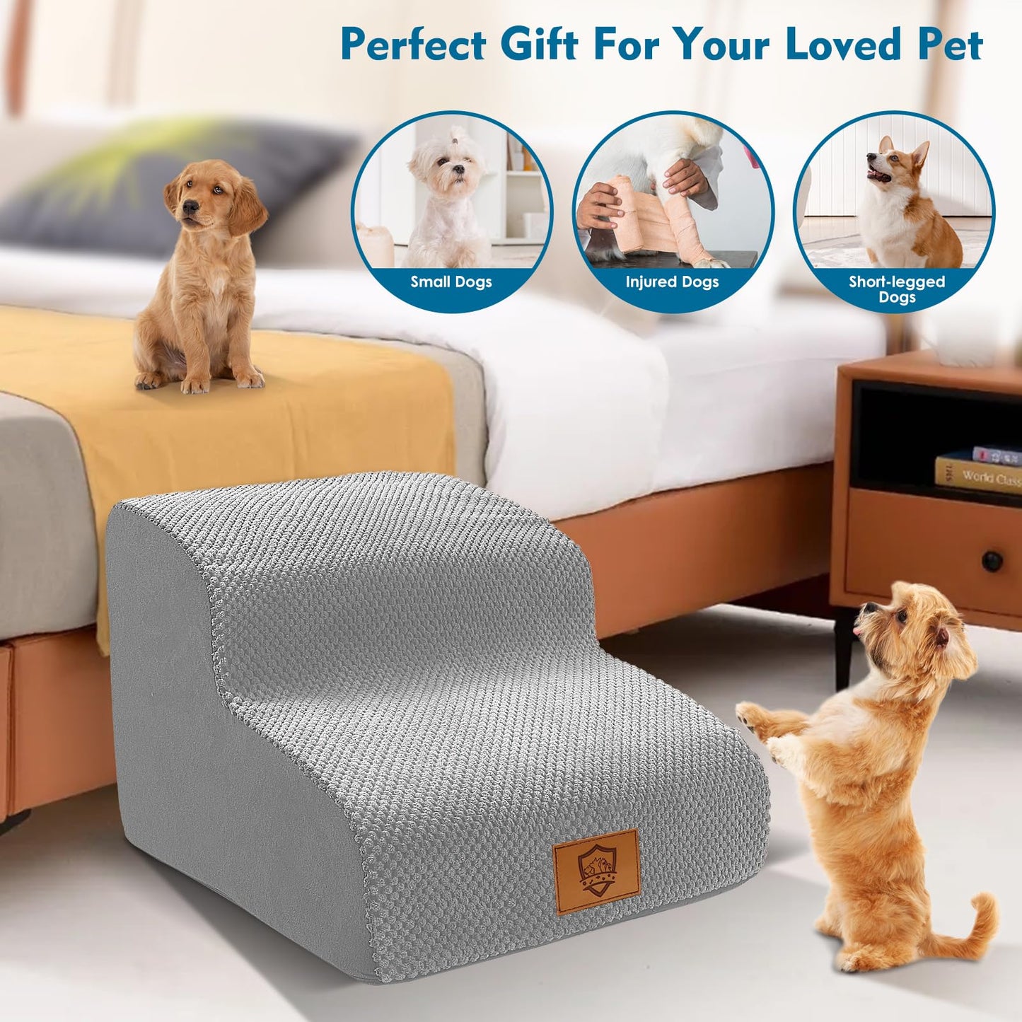 Myiosus Dog Steps for Sofa/Bed, Foam Dog Stairs with Removable Waterproof Cover, Non-Slip Pet Steps for Small Dogs & Cats, Injured Pets up to 50 lbs, 30 cm High Steps for Dogs to Get on the Bed, Grey