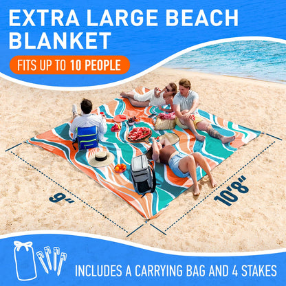 Everlasting Comfort Extra Large Beach Blanket Waterproof & Sandproof - 128" x 108"/10.7ft x 9ft - Lightweight Beach Mat, Picnic Mat, Camping Blanket for 10 People - Ideal for Festivals - Orange