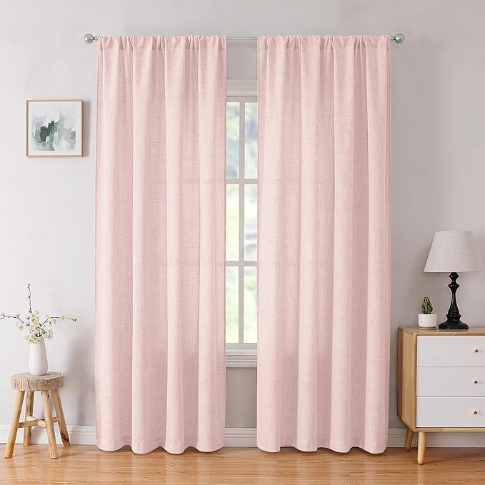 Tollpiz Linen Curtain Bedroom Rod Pocket Semi Sheer Curtains Burlap Light Filtering Thick Linen Drape for Living Room, 38 x 84 inches Long, Pink, Set of 2 Panels