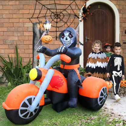 6 FT Halloween Inflatable Skeleton Ghost Riding on Motorcycle Bike, Blow Up Outdoor Decoration Clearance with Built-in LED Lights for Yard Garden Lawn Home Party Decorations