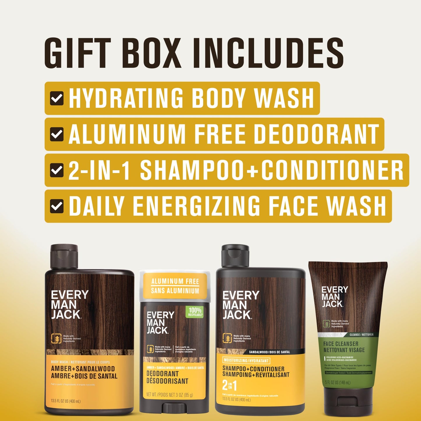 Every Man Jack Men's Bath and Body Gift Set - Amber + Sandalwood Scent - Clean Ingredients - Includes Hydrating Body Wash, 2-in-1 Shampoo, Aluminum-free Deodorant & Face Wash