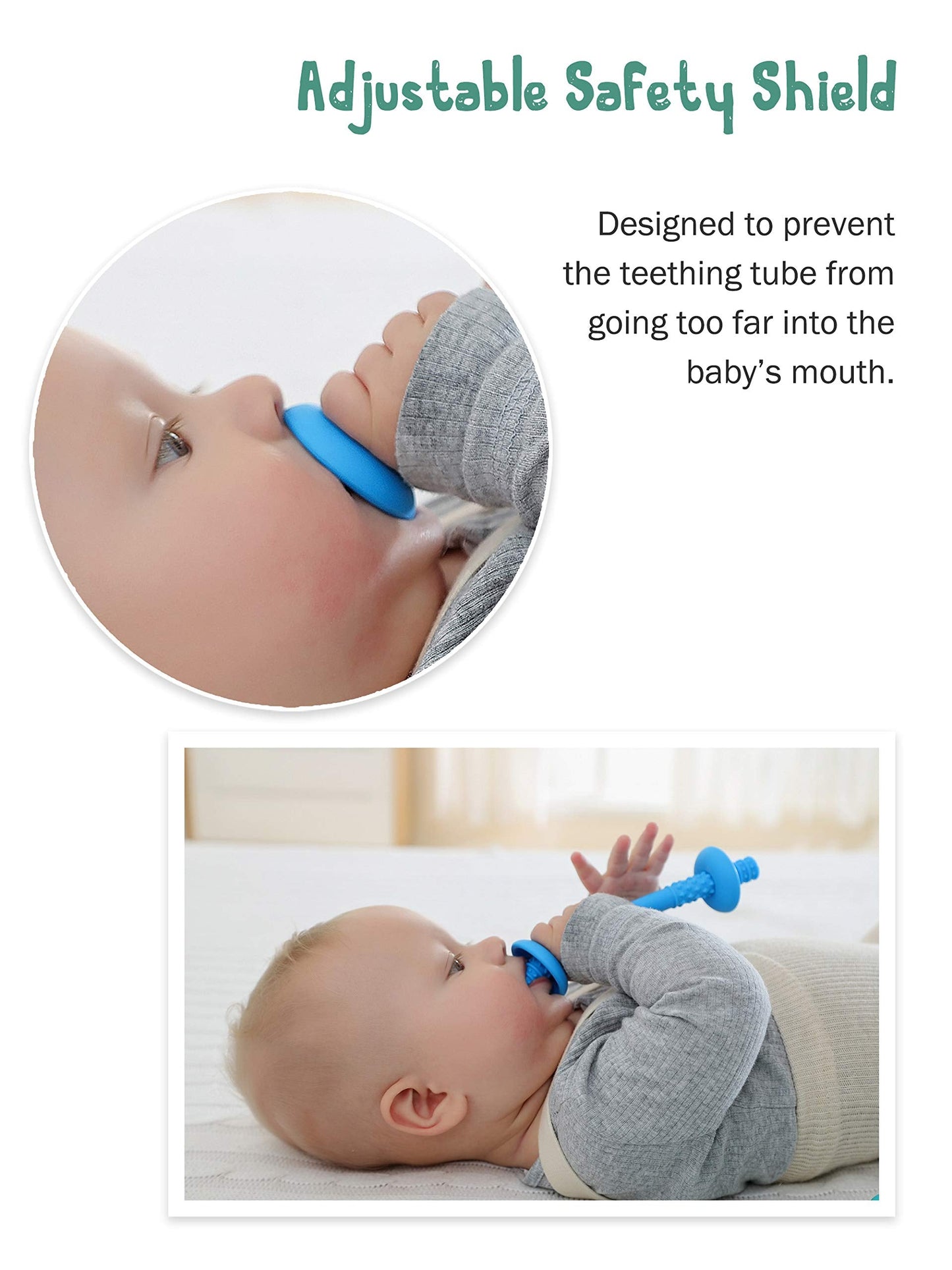 Giftty Teething Tube with Safety Shield Baby Hollow Teether Sensory Toys Gum Massager, Food-Grade Silicone for Infant 3-12 Months Boys Girls, 1 Pair with 4 Cleaning Brush Included (Emerald+Blue)