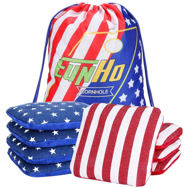 EunHo Regulation Cornhole Bags Set of 8 - Dual Sided Slick and Stick Cornhole Bean Bags for Tossing Game Professional All Weather Pro Corn Hole Bags with Tote Bag (American Flag)