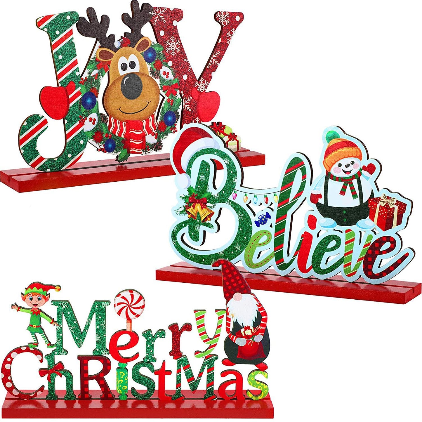 Blulu 3 Pcs Christmas Decorations Indoor Centerpieces for Tables Tabletop Wooden Sign Snowman Farmhouse Centerpieces for Christmas Xmas Holiday Party Indoor Decor(Red)