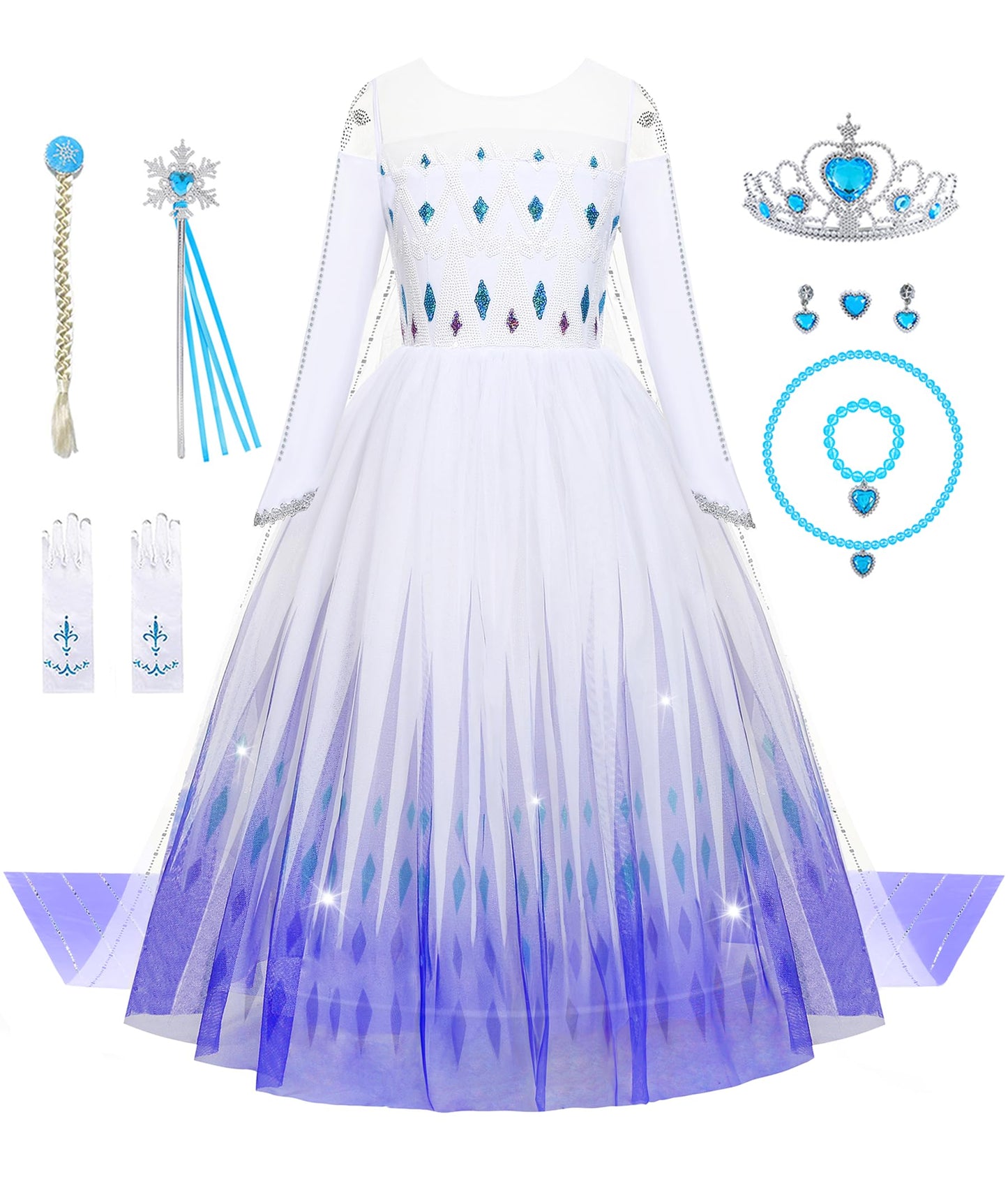 Aoiviss Girls Princess Costumes Snow Queen Princess Dresses Fancy Dress Up Clothes for Halloween Snow Party Cosplay, White