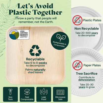 Chic Leaf Compostable & Biodegradable Palm Leaf Disposable Bamboo Plates for 4th of July- Disposable Party Plates for Appetizers - Camping Essentials - Reusable Party Supplies (10 & 7 Inch Square)