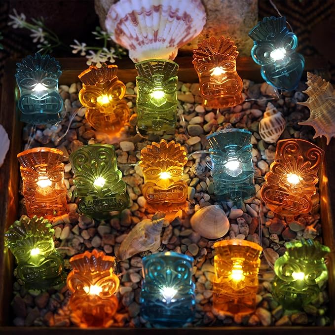 JASHIKA Tiki Mask String Lights USB Powered 20PCS 7FT, Tropical Hawaiian LED Fairy Lights with Remote and Optional Battery Box, Colorful 3D Mask Indoor Bar Dorm Bedroom Wall Shelf Party Decorations