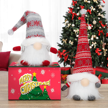 BAODLON Christmas Gnome Decorations with Light, 13.4 Inches Set of 2 Knitted Hat Nisse Figurine Plush Swedish Nordic Tomte Scandinavian Elf X'Mas Holiday Party Home Table Decor Ornaments (Red & Grey)