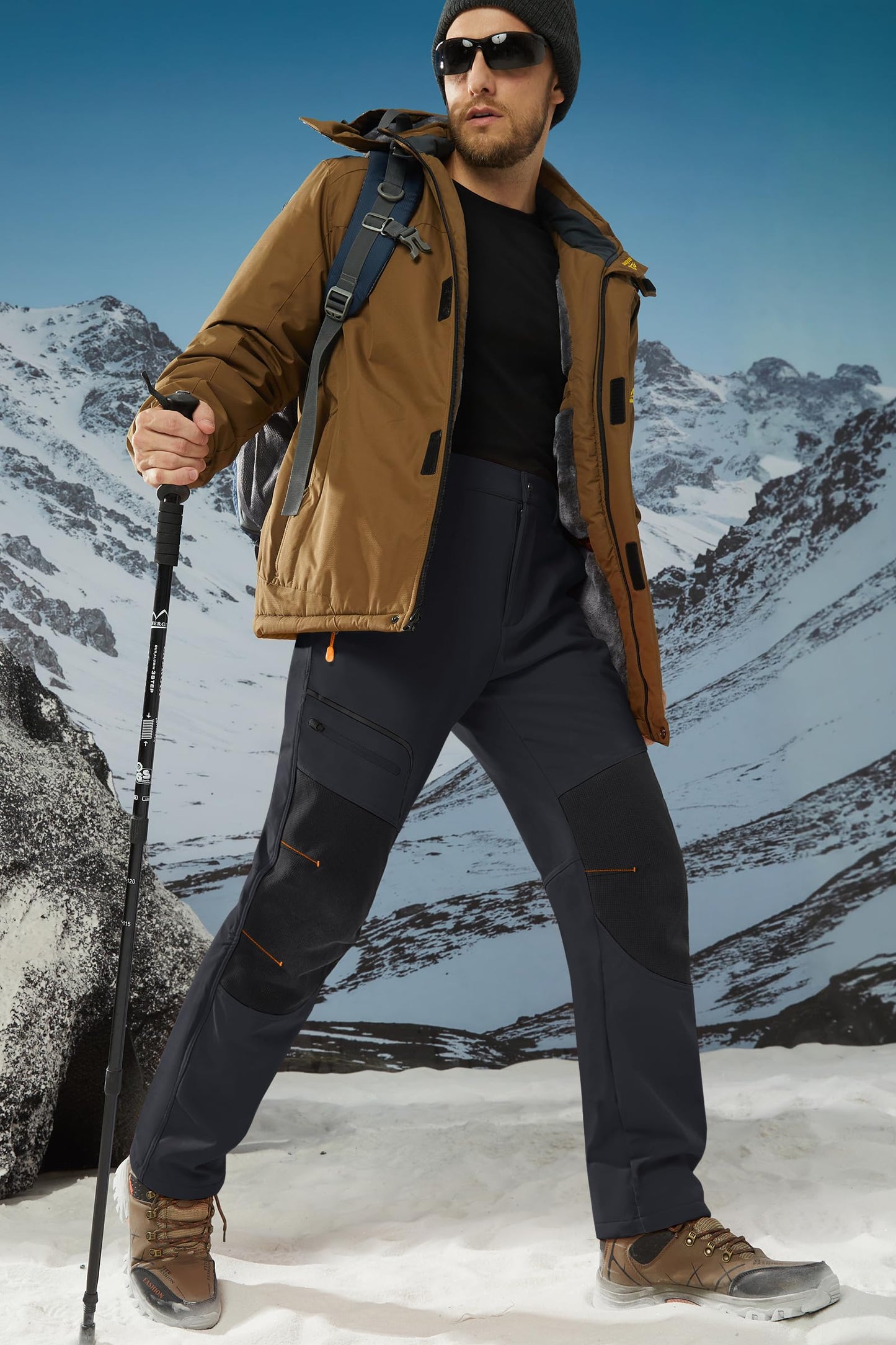 TACVASEN Winter Trousers - Men's Softshell Waterproof Thermal Fleece Hiking Pants, Thick - Black, 34
