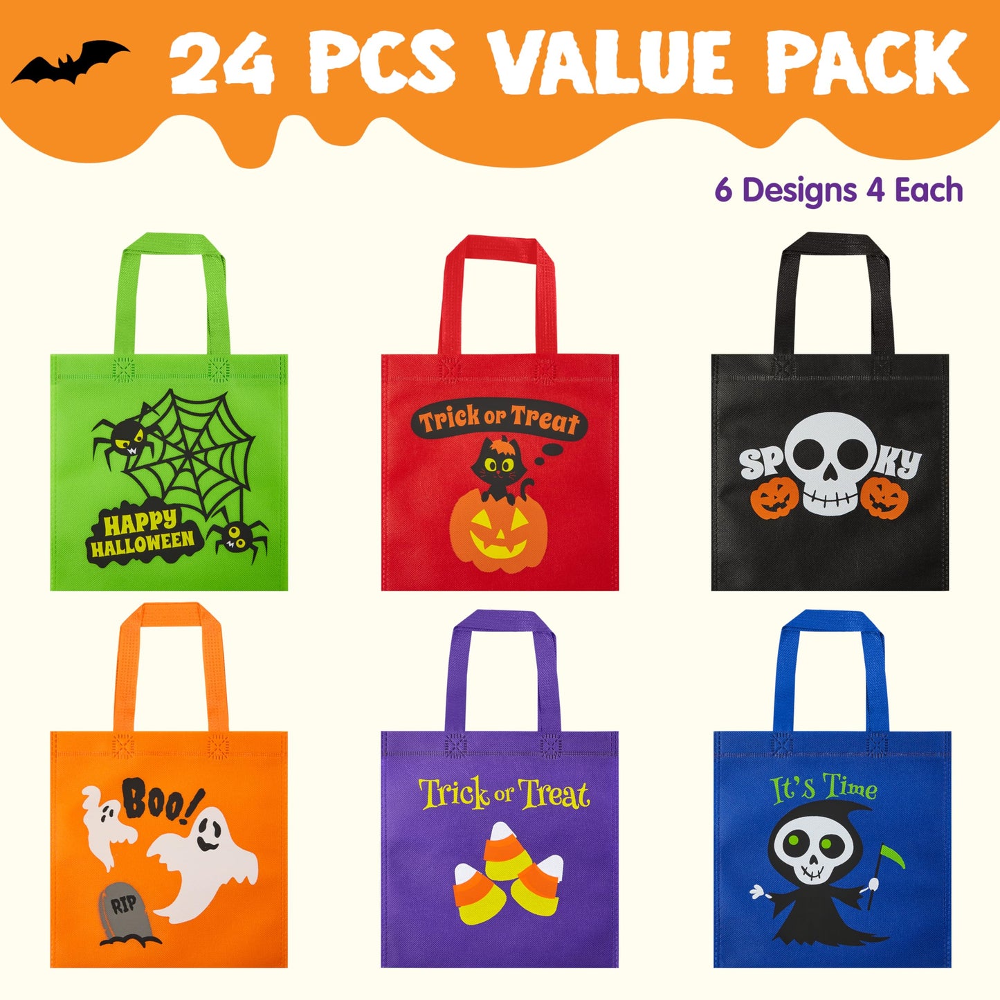 JOYIN 24PCS Halloween Non-Woven Treat Bags, 9" Goodie Totes Bags with Handles, Halloween Candy Bag for Kids Trick or Treating, 6 Cute Designs Gifts Goody Bag Bulk for Classroom Party Favor Supplies